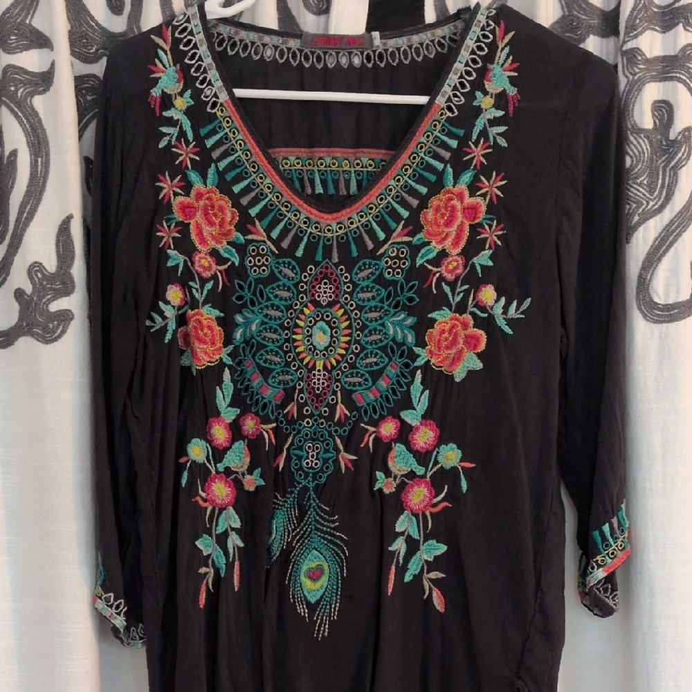 Johnny Was Navy Blue Tunic Top with Colorful Embroidery